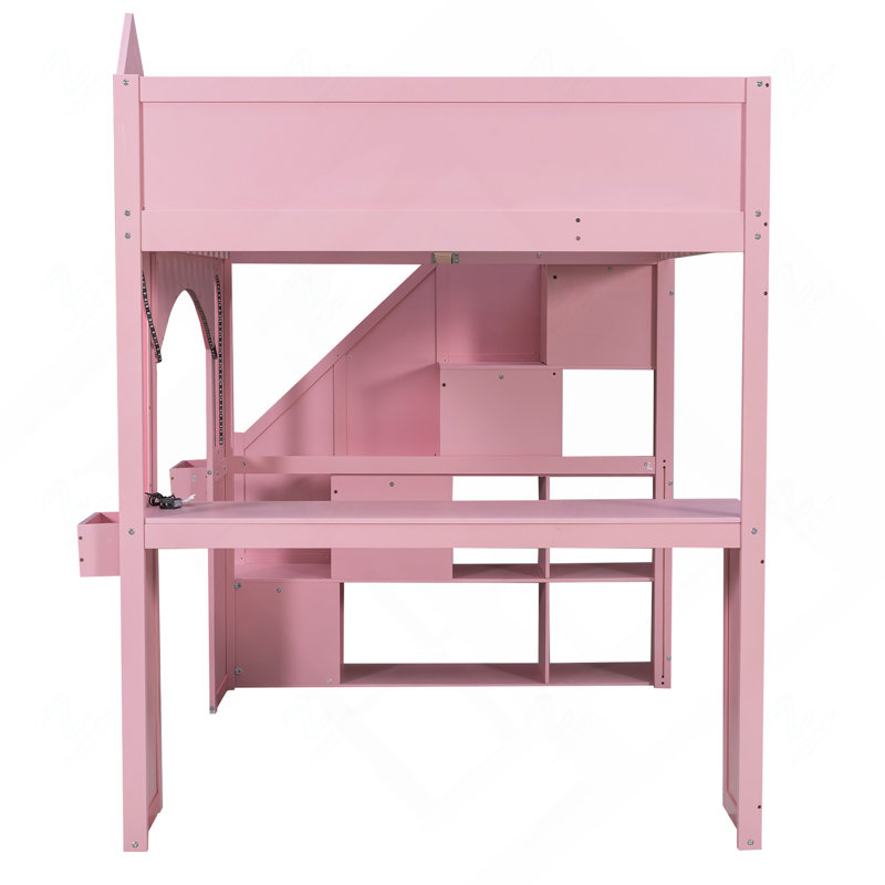 Lit mezzanine château en bois avec escalier de rangement, bureau intégré, fenêtres et lumière DEL, rose