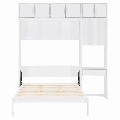Lit escamotable mural avec bureau, armoire supérieure et tablettes de rangement, lit pliable peu encombrant