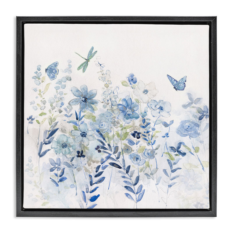 Délicat jardin floral bleu, H 18 po x l 18 po, Cadre flottant noir de jais