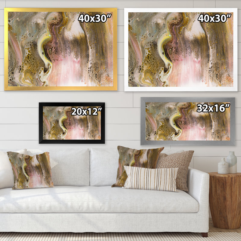Abstrait brun, taches et rayures dorées - reproduction sur toile, H 16 po x l 32 po, Toile à cadre d'angle fermé doré