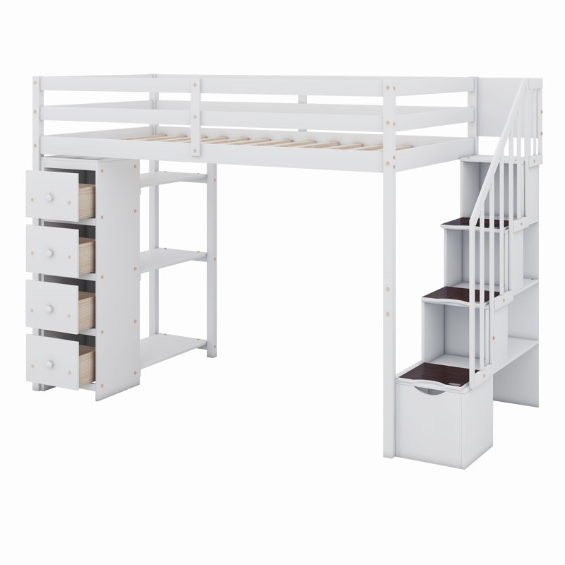 Loft Bed With Shelves,Drawers And Stairs, White
