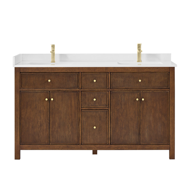 Elan TK 66" Freestanding Double Bathroom Vanity with Cultured Marble Top, White Cultured Marble, Dark Walnut, Brushed Gold