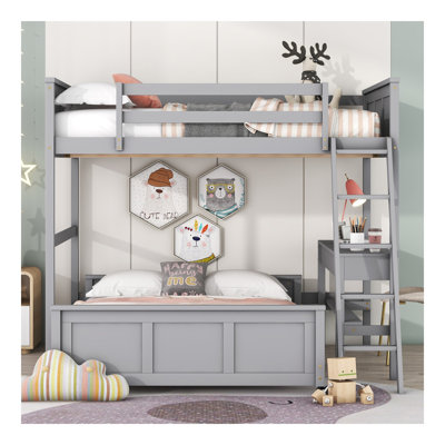 Lit double superposé au dessus d'un lit double avec bureau, gris
