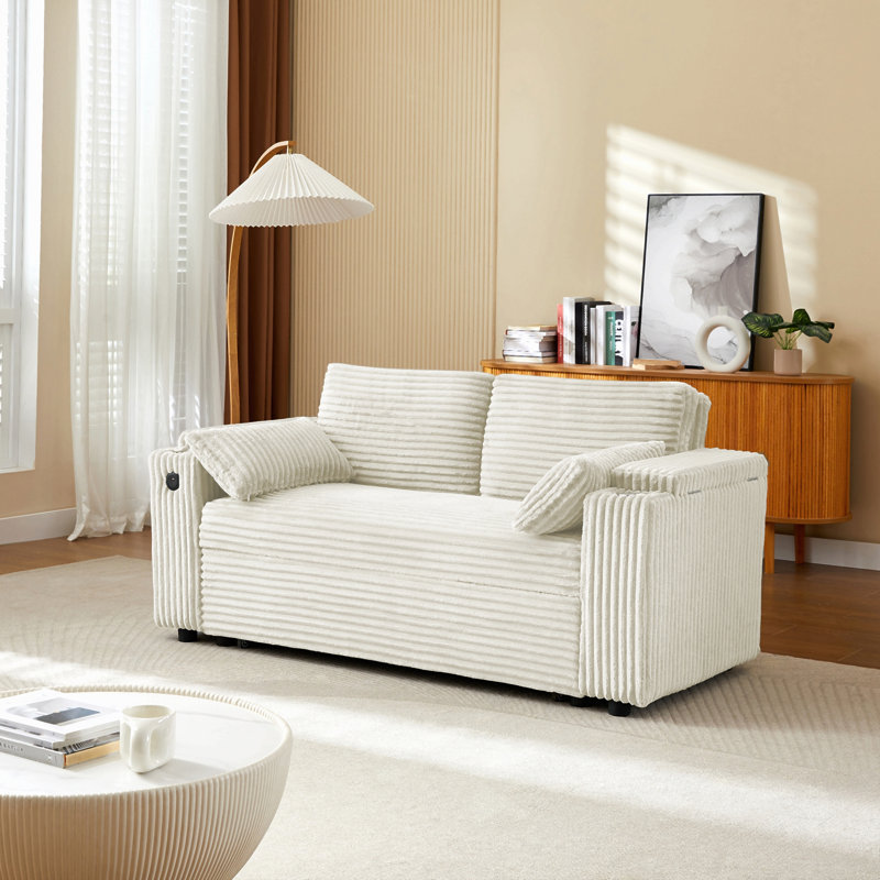 Canapé-lit avec causeuse et accoudoirs avec rangement, port USB, L 66,9 po, Velours côtelé beige