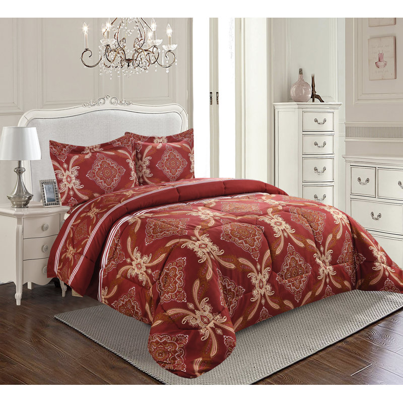 Printed Bedspreads 3 Piece Trendy Burgundy Comforter Bed Throw with Matching Pillow Shams
