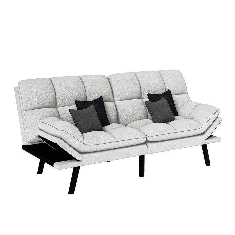70"  Convertible Futon Sofa Bed with Split Back and Adjustable Arms, White Cotton Blend
