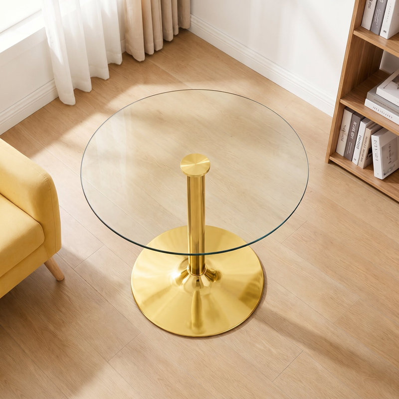 Modern 35'' Round Glass Top Dining Table With Gold Pedestal Base for 2 to 4 People, Gold