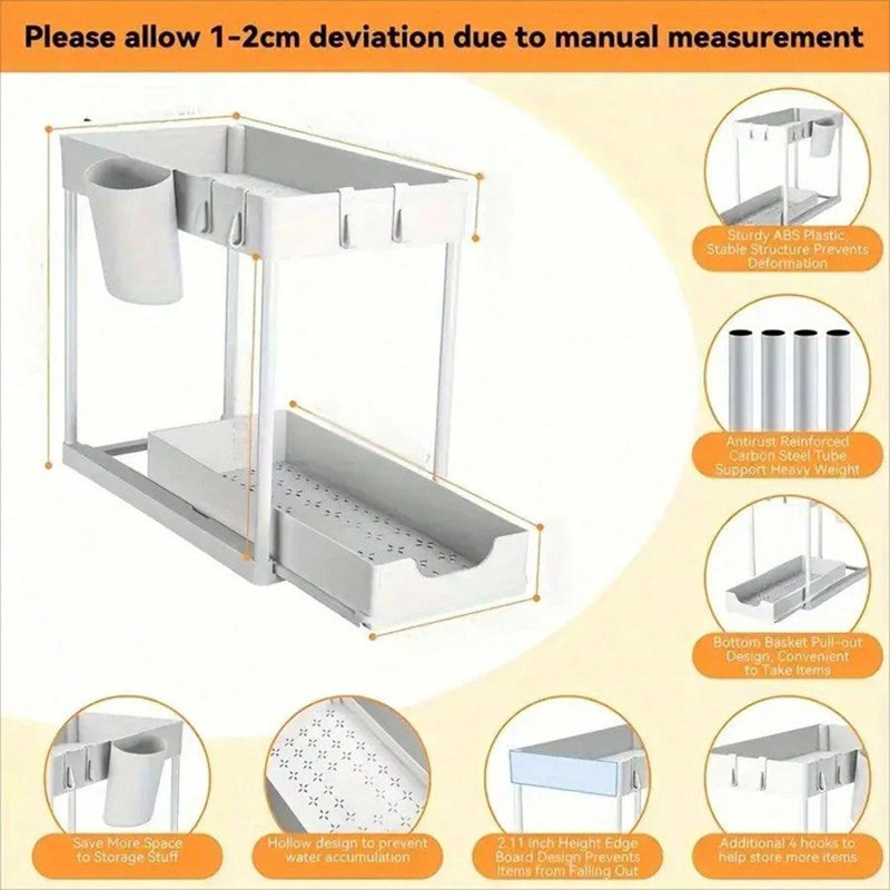 Rangement coulissant sous évier à 2 niveaux: tiroir de rangement multifonctionnel blanc avec design coulissant pour la cuisine et la salle de bain