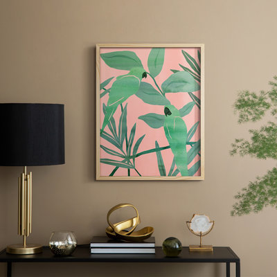 «Pink and Green Birds of Paradise I», reproduction encadrée - bois massif