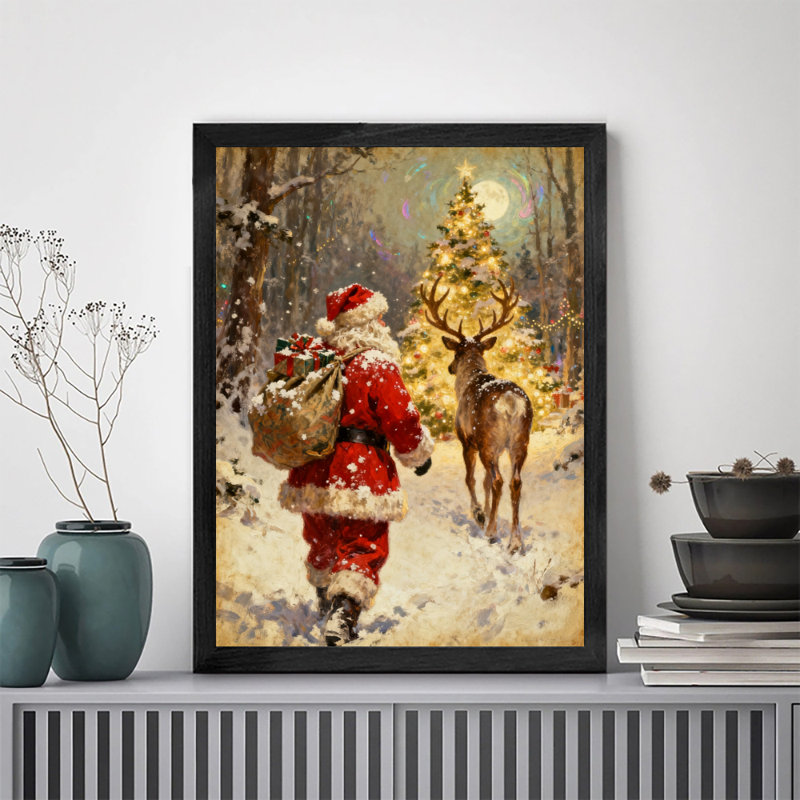 Père Noël rétro noir encadré avec art mural de style rétro, H 37 po x l 25 po