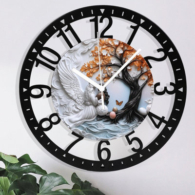 Horloge murale en métal pour le salon - loup ailé de 10 po embrassant une femme près d'un arbre silencieux, fonctionnant à piles, horloges antiques pour maison de campagne, chambre à coucher, cuisine - chiffres arabes