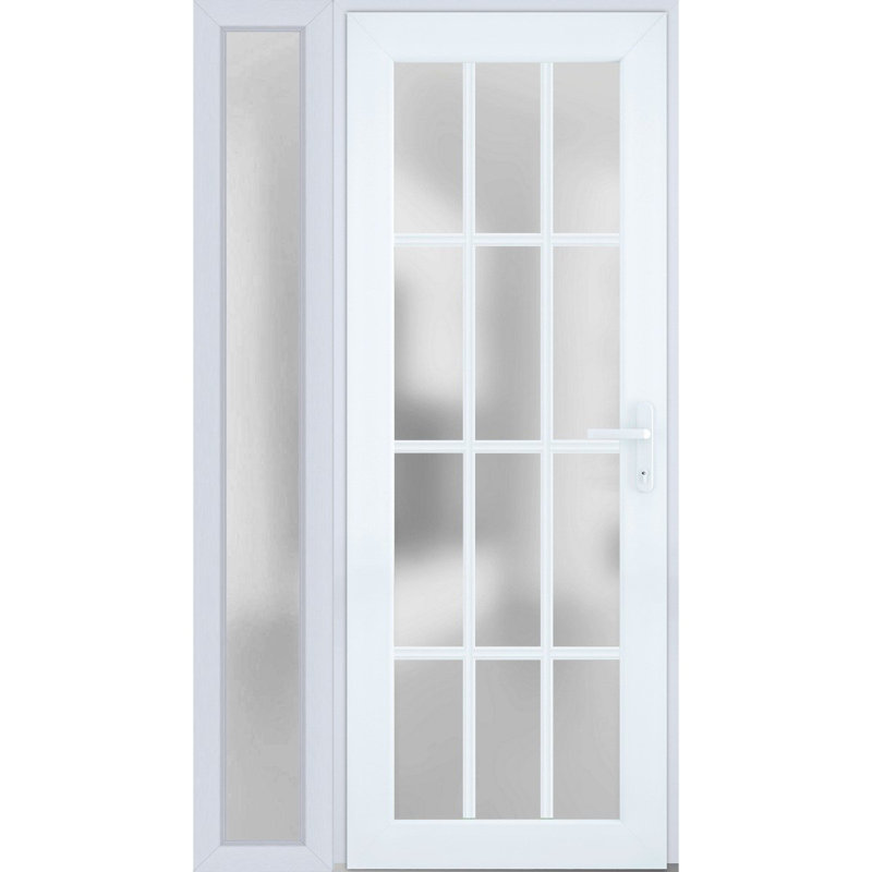 Front Exterior Prehung FiberGlass Door Frosted Glass / Manux 8312 White Silk / Side Exterior Window / Office Commercial and Residential Doors Entrance Patio Garage-W30+12" x H80"-Left-hand Inswing