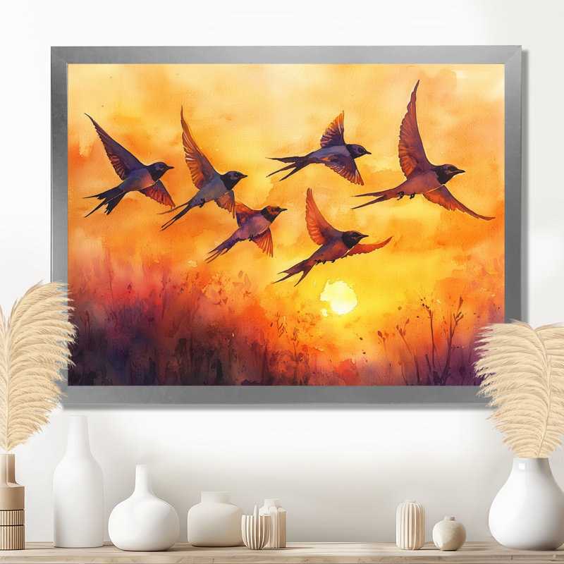 Swallows Birds At Sunset III - oiseau, art mural, H 24 po x l 32 po, Cadre flottant, Argent argent