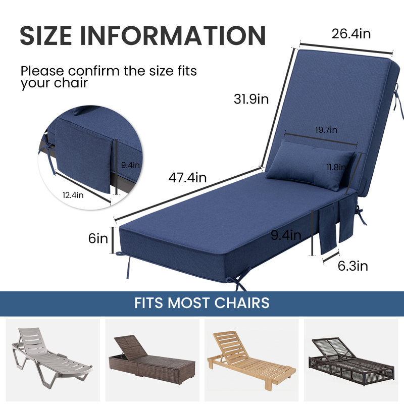 26.5'' W x 80'' D x 6'' H Outdoor Chaise Lounge Seat / Back Cushion with Pillow and Pocket, 2, Sky Blue