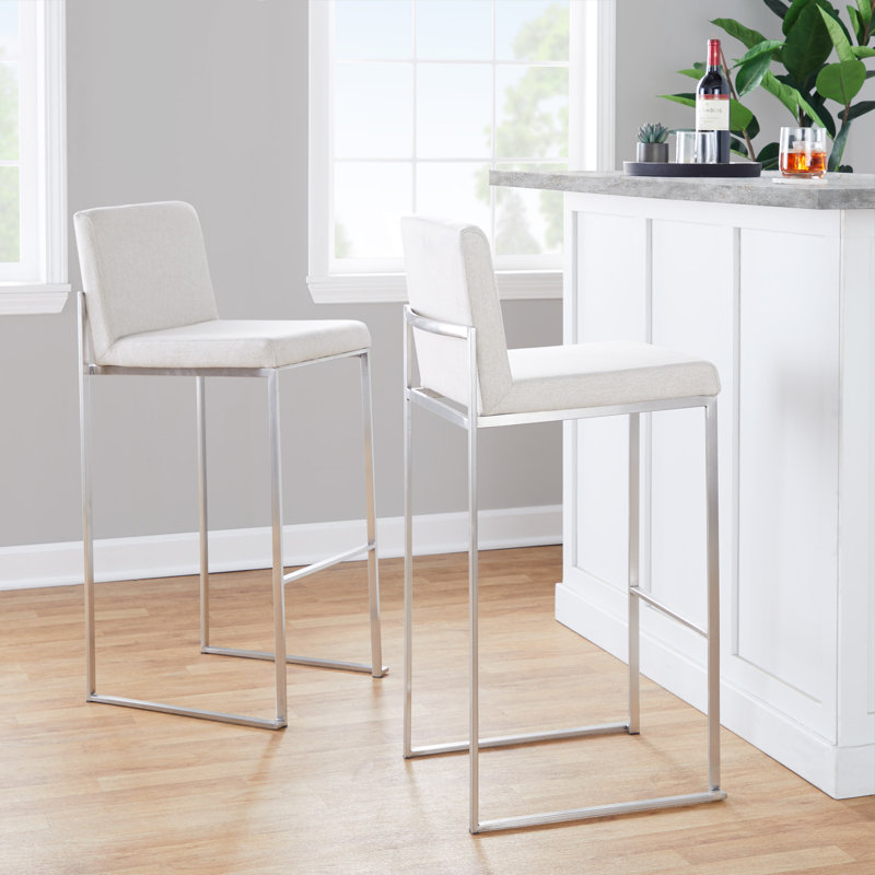 Brieon High Back Upholstered Bar & Counter Stool (Set of 3), Bar Stool (30" Seat Height), Beige Fabric/Stainless Steel
