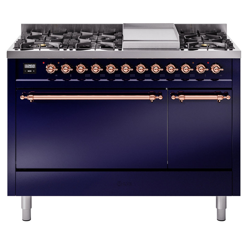 ILVE Nostalgie II, cuisinière à double combustible de 48 po, 8 brûleurs, plaque chauffante, Gaz naturel, Bleu minuit / cuivre