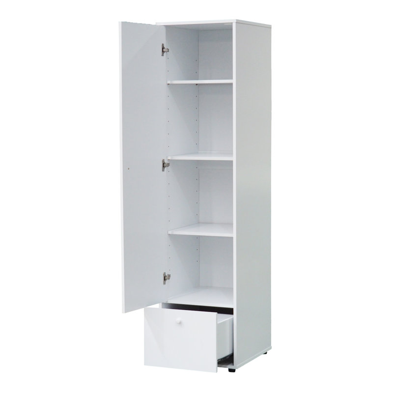 White Wooden Wardrobe with Four Interior Shelves and Lower Storage Drawer