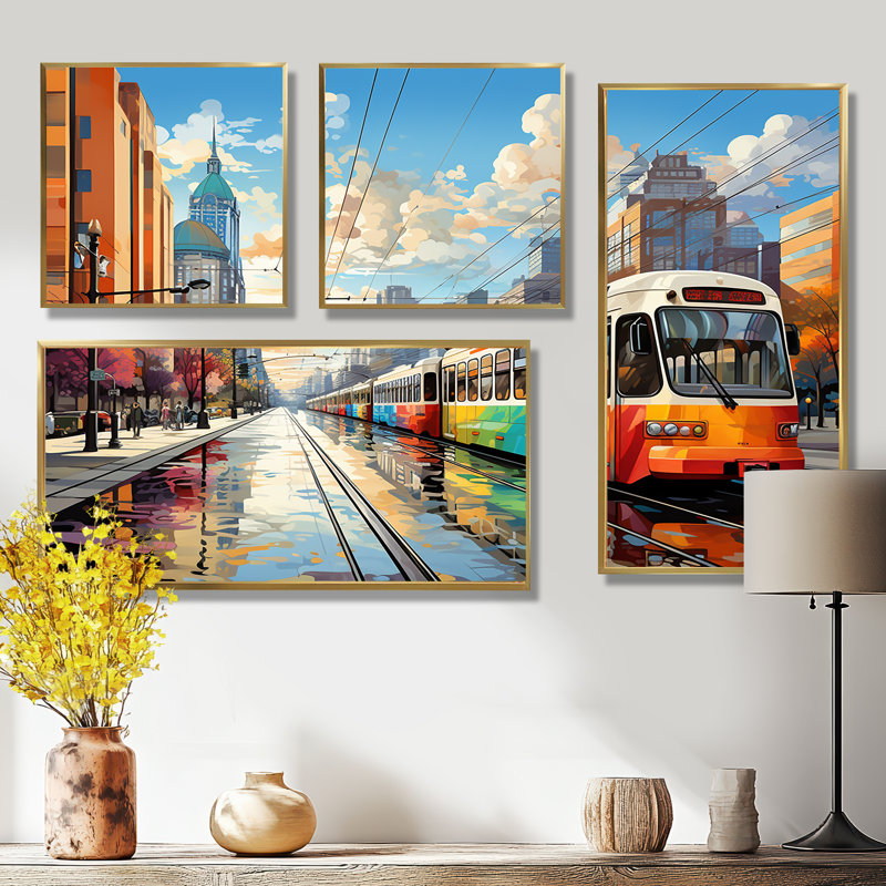 «City Philadelphia Popart I - Cityscapes», ensemble d'art mural de 4, Impression encadrée sans passe-partout, Doré
