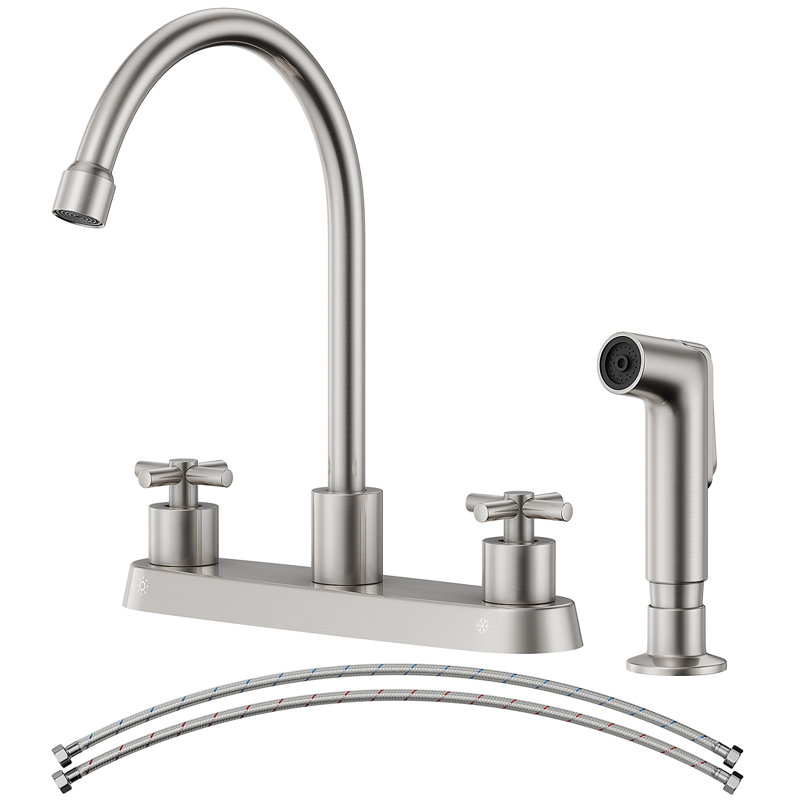 Two-Handle 4-Hole 8" Centerset Kitchen Faucet with Side Sprayer, Brushed Nickel