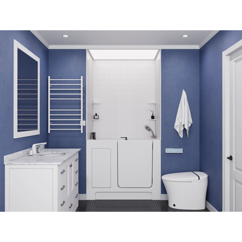 Nova Heated Series 27" x 47" Right Side Drain Soaker Bathtub in White with 4 in. Tile Shower Wall Kit, Right