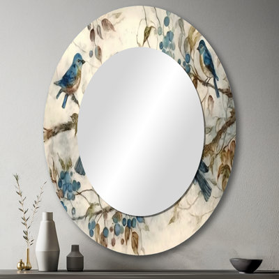 Four Vintage Blue Birds On A Branch IV - Animals Oval Decorative Mirror On Metal