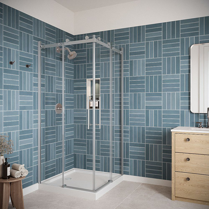 Porte de douche coulissante semi-sans cadre Gora 36 po x 76 po avec quincaillerie en verre poli trempé 5/16 po traité CrystalTech