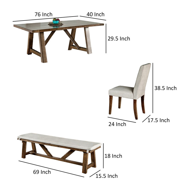 Ensemble de salle à manger 6 pièces Jule, table rectangulaire brune, chaises, banc et sièges blancs
