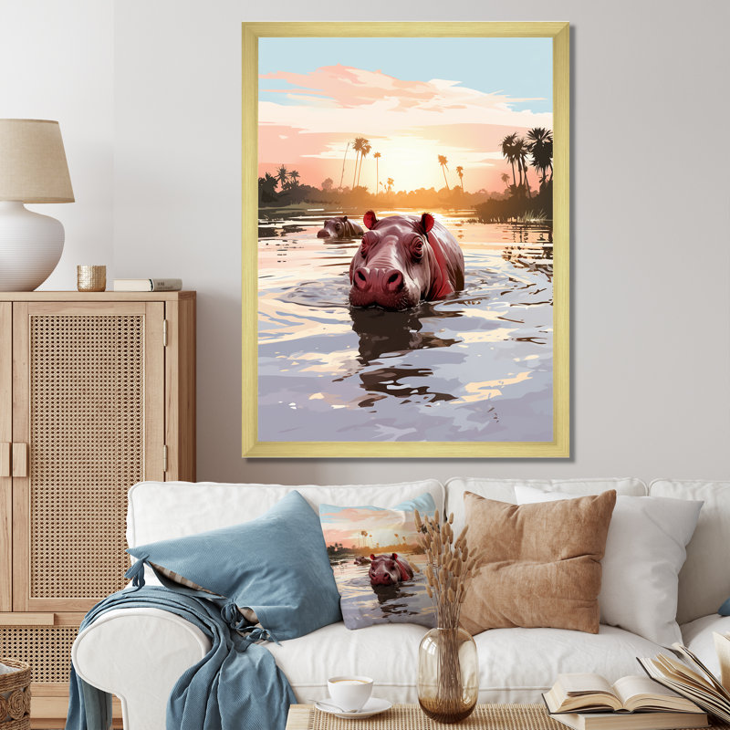 Gris, silhouette d'un hippopotame safari - Hippopotame, Cadre doré simple, H 20 po x l 12 po x P 1 po