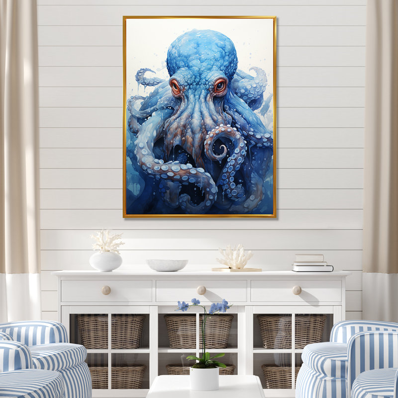 Angry Marine Grace Octopus - Octopus / calmar animal, art mural, Cadre flottant doré, H 40 po x l 30 po x P 1,5 po