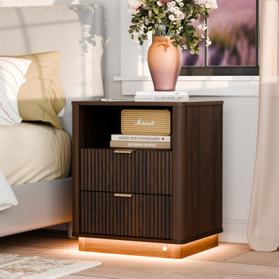 Curved Night Stand With Charging Station Lighting,Modern Side Table Storage Cabinet For Bedroom Office(1)