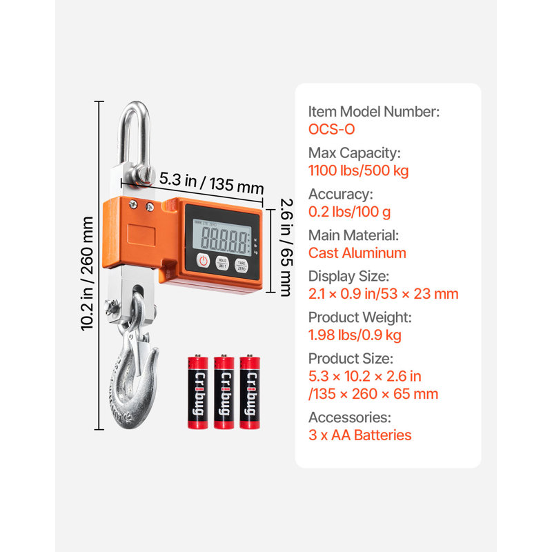 Digital Crane Scale, 1100 lbs/500 kg Max Capacity, 0.2 lbs Division & 3 Unit Switch, Heavy-Duty Industrial Hanging Scale with Cast Aluminum Case & LCD Display, Auto-Off Setting for Garage