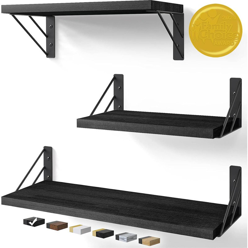 Wall Shelves For Bedroom Decor, Floating Shelves For Wall Storage, Wall Mounted Rustic Wood Shelf For Books,plants,small Wall Shelf For Bathroom,kitchen,living Room(black,set Of 3)