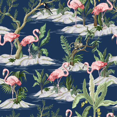 Flamingo And Jungles Trees by Yulimuli - Wrapped Canvas Print