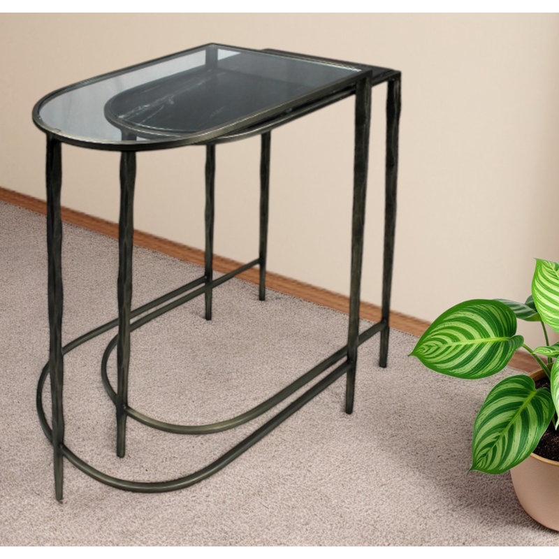 Set of Two 25" Black And Clear Glass And Genuine Marble Half Circle Three Leg Console Table