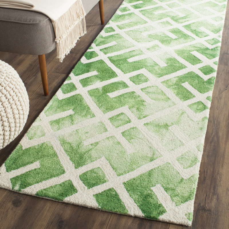 Bryauna Hand Tufted Wool/Cotton Geometric Rug in Ivory/Green, Runner 2'3" x 6'