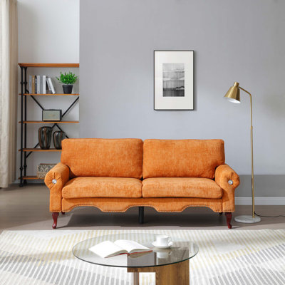 80-Inch Modern Linen 3 Seat Sofa With Wooden Legs & Crystal Button And Copper Nail, Tufted Backrest, Perfect For Living Room, Bedroom, Or Office