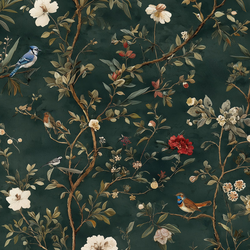 Papier peint floral, oiseaux, murale rétro, décoration murale traditionnelle