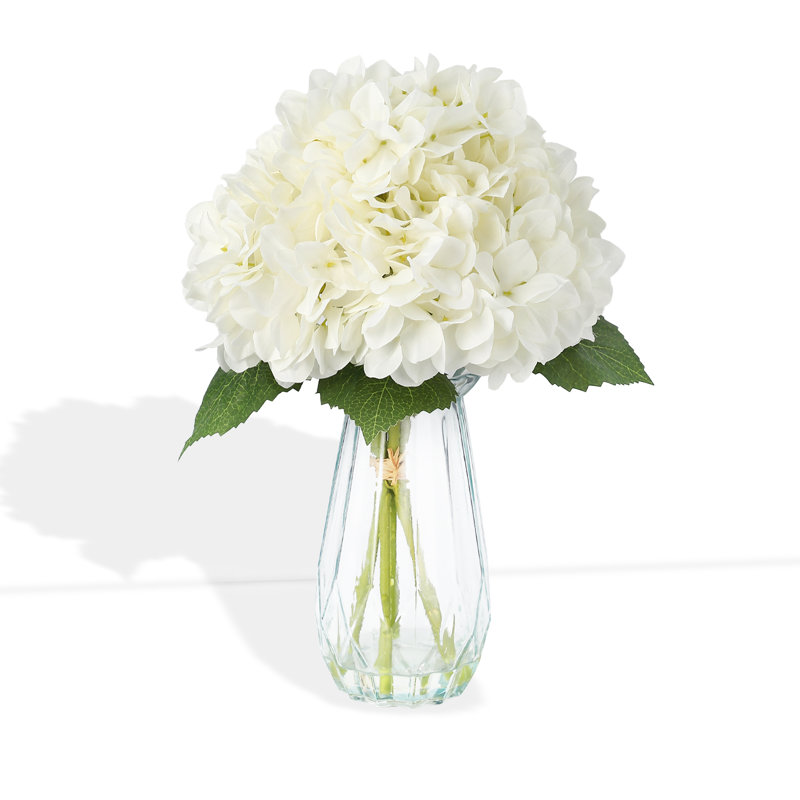 Hortensias en soie réalistes avec vase en verre et eau artificielle, Blanc