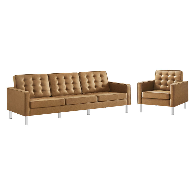 Ensemble de canapé et fauteuil capitonné Loft, Simili cuir brun clair