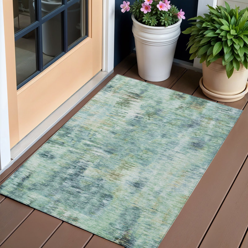 Tapis d'extérieur lavable abstrait bleu sarcelle 3 pi x 5 pi bleu et vert ivoire