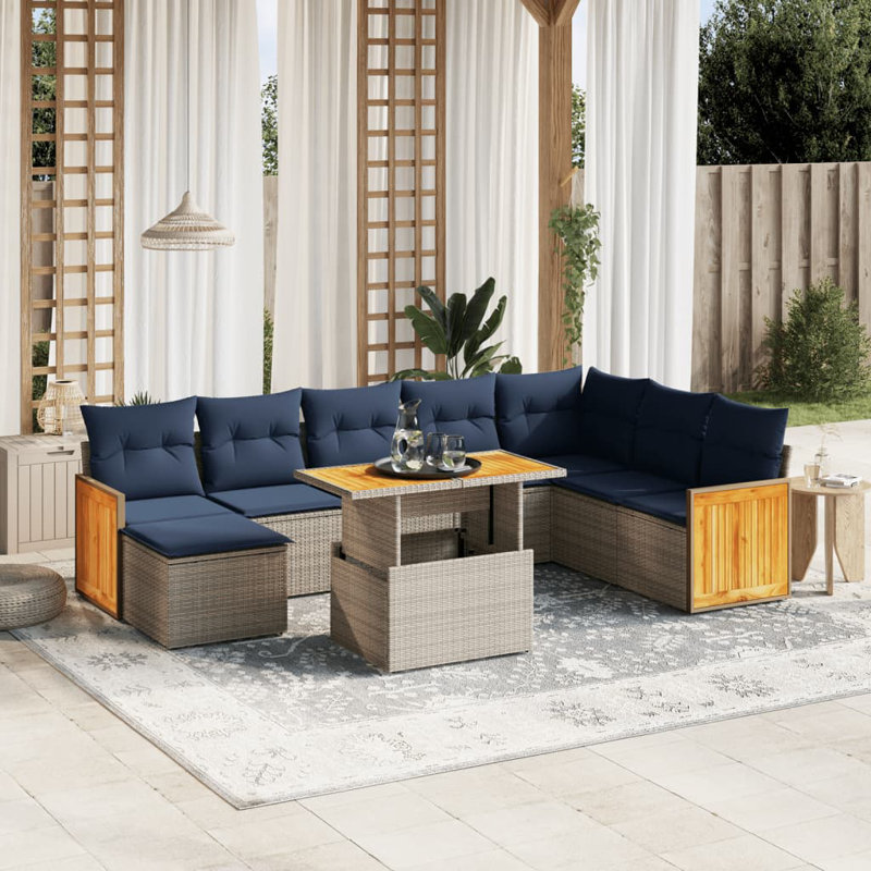  Ensemble de canapé de patio 9 pièces avec coussins en rotin de polyester, Gris, Bleu