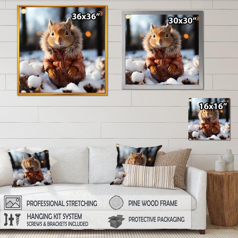 Mignon écureuil avec écharpe dans la neige IV - écureuil, art mural animal, Cadre simple noir, H 36 po x l 36 po x P 1,5 po