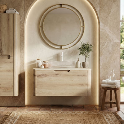 Modern Floating Vanity With Roma Travertine Top, White Oak Cabinet & Transparent Crystal Glass Sink (24" / 30" / 36")