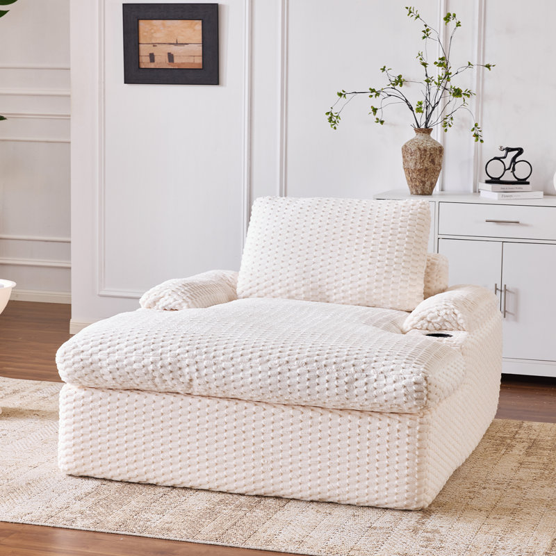 Upholstered Boneless Sleeper Sofa Bed Chaise Lounge With Cup Holders For Small Spaces, White