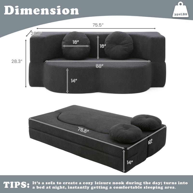 Boneless 76" Convertible Folding Sofa Bed, Twin Compression Sleeper Sofa with 2 Pillows, Floor & Futon Boneless Loveseat Couch with Linen Fabric & Foam, Modern Foldable Mattress Couch for Living Room, Guest Use, Office, Apartment, Small Space