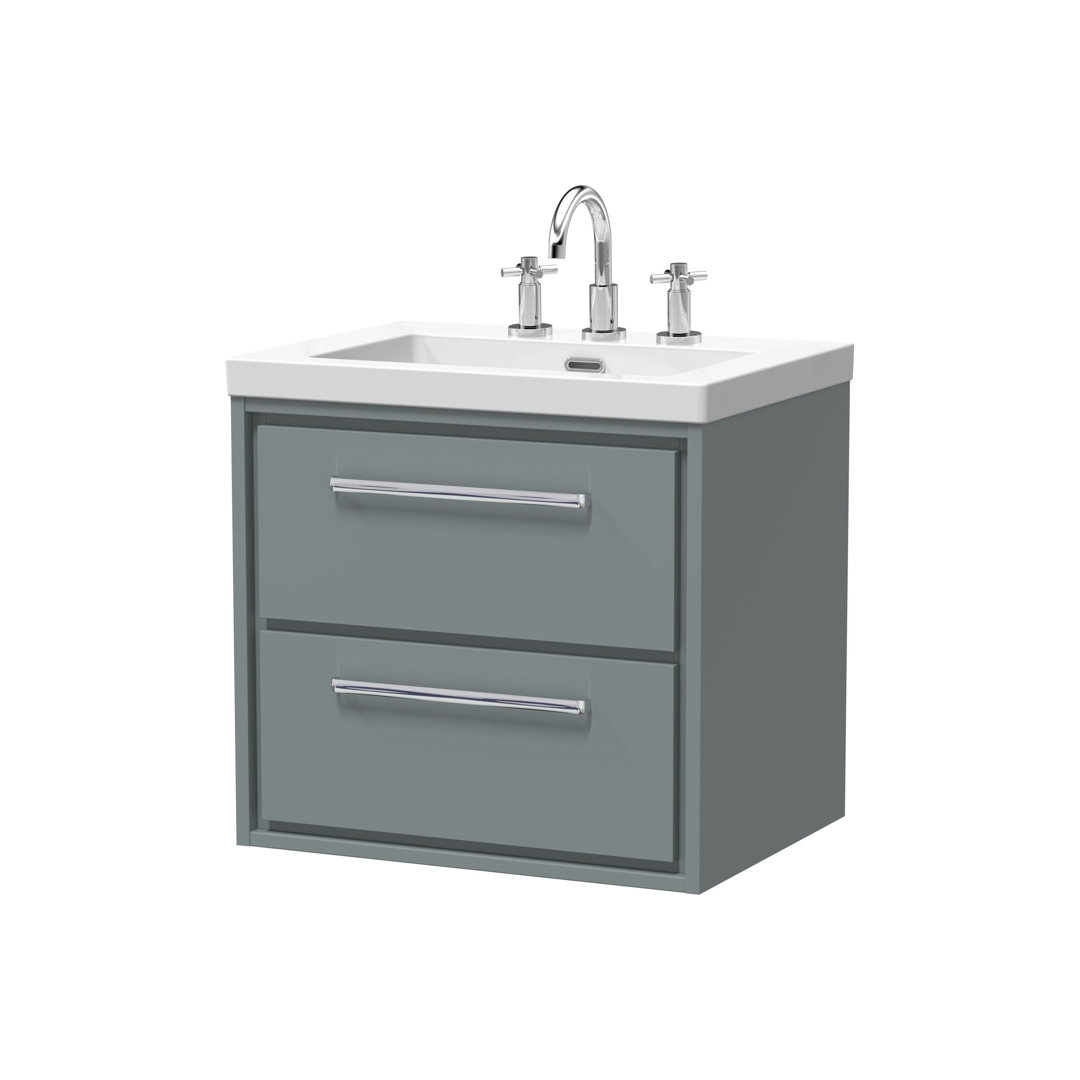 Hudson Reed Lille 600mm Fern Green 2 Drawer Wall Hung Vanity Unit With 3 Tap Holes Fireclay Basin