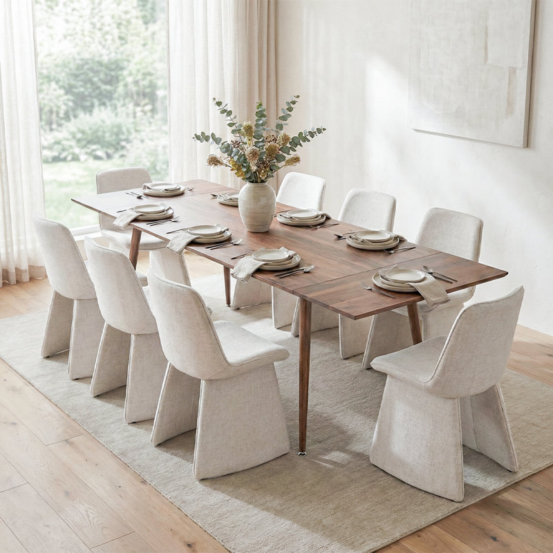 Ensemble de salle à manger extensible 9 pièces avec chaises en lin 9 pièces, Beige
