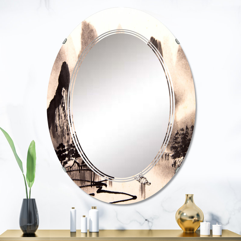 Paysage d'eau monochrome chinois - miroir mural traditionnel ovale, 36 po x 24 po