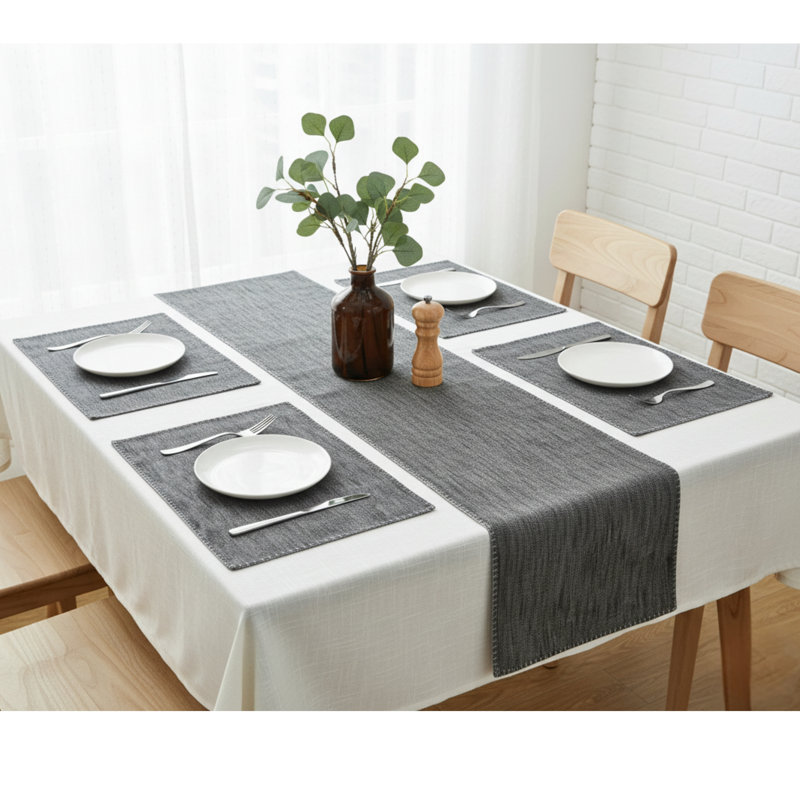 Chemin de table en coton avec bords cousus décoratifs, écharpe de commode, couvercle supérieur de meuble, Gris, L 48 po