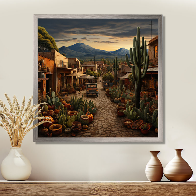 Jour de marché mexicain I - art mural mexicain pour le salon, Cadre simple argenté, H 16 po x l 16 po x P 1 po